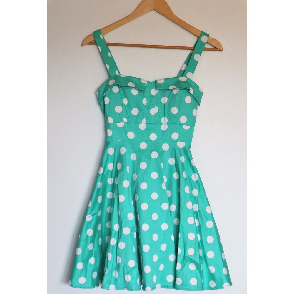 50s Reproduction Sweetheart Neckline Fit and Flare Mint Polkadot Dress